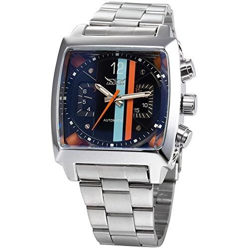 激安商品 Mens Sports Automatic Mechanical Analog Oblong Watch Date Silver Stainless Steel Wrist Watch (Silver Black)（並行輸入品） 腕時計