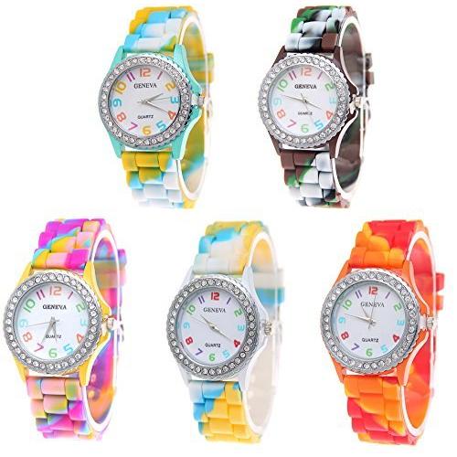 【25％OFF】 CdyBox 5個パック ラインストーン カラフル シリコン ゼリー 腕時計 レディース ガールズ 卸売時計セット 腕時計