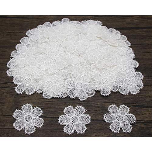 100 Count White Lace Flower Sew On Patches Floral Embellishments Flower Appliques for Wedding Dress, Clothes, Jeans, Arts Crafts DIY Decor ( レース生地