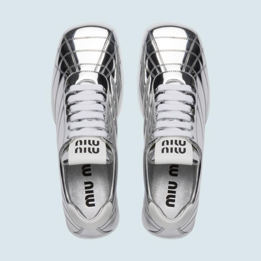 海外品 ミュウミュウ MIU MIU スニーカー シューズ 靴 シルバー メタリック ファブリック レザー ミッドヒール 【YW3572170150】(128688円)