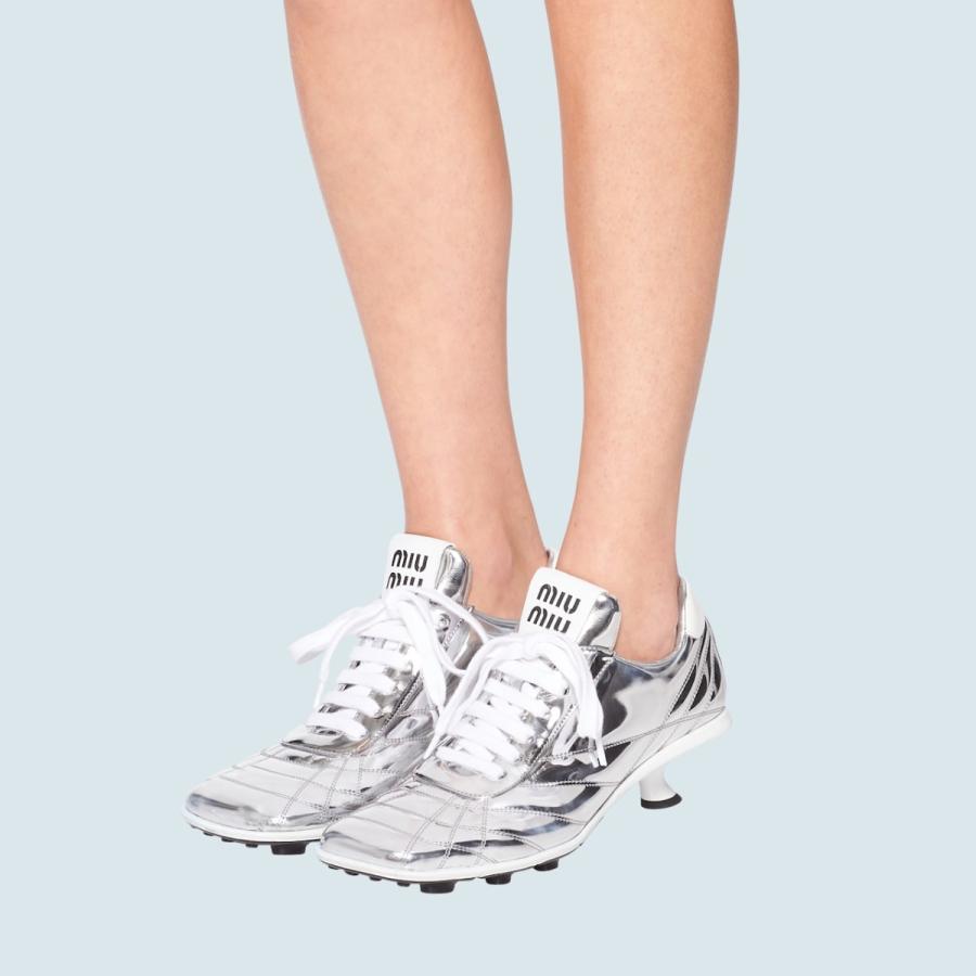 海外品 ミュウミュウ MIU MIU スニーカー シューズ 靴 シルバー メタリック ファブリック レザー ミッドヒール 【YW3572170150】(128688円)