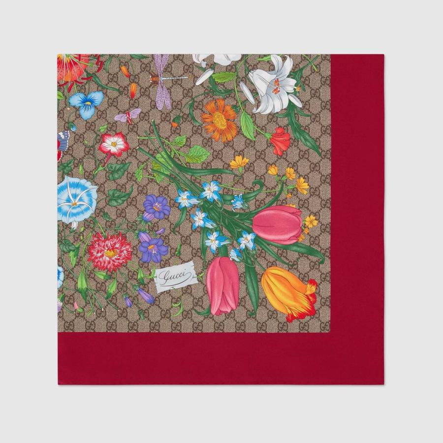 グッチ GUCCI スカーフ レッド ベージュ フローラ フラワー プリント