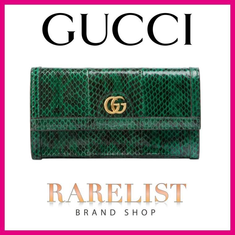 グッチ GUCCI 財布 長財布 フラップ かぶせ グリーン ゴールド スネーク パイソン レザー 本革