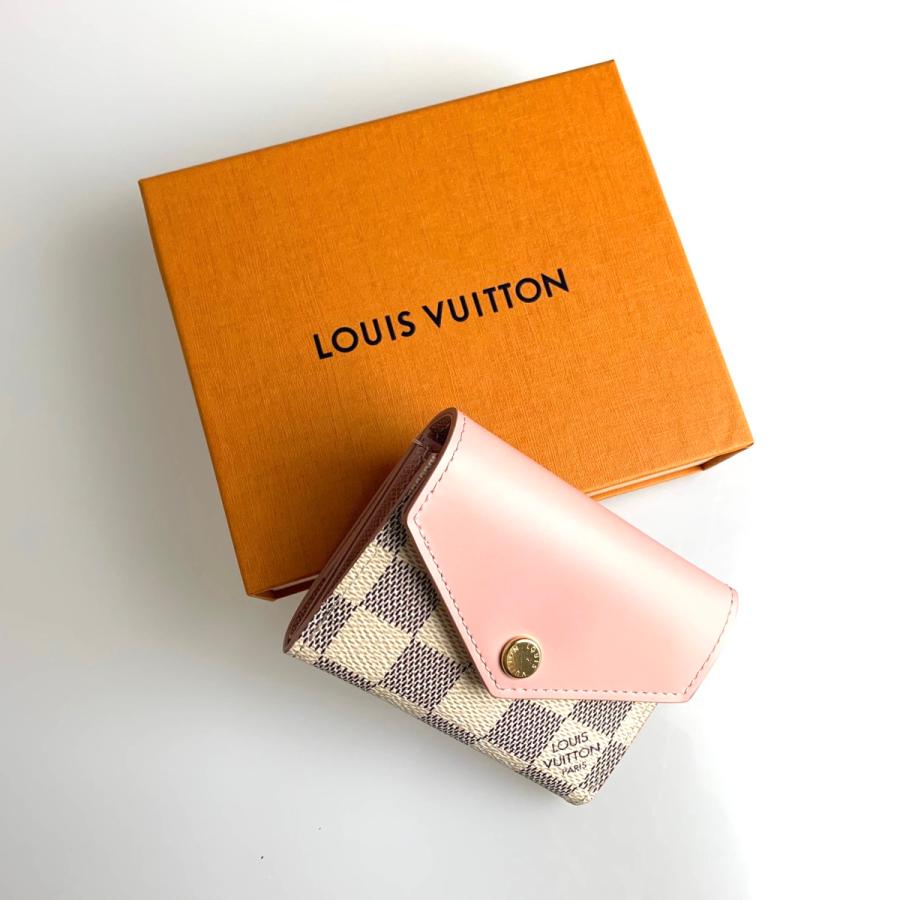 好評 財布 VUITTON LOUIS ルイヴィトン 小財布 ゴールド ピンク ダミエアズール かぶせ ３つ折り 三つ折り財布