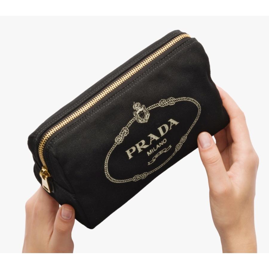 プラダ PRADA ポーチ コスメポーチ 小物入れ ネロ ブラック ゴールド コットン ロゴ プリント