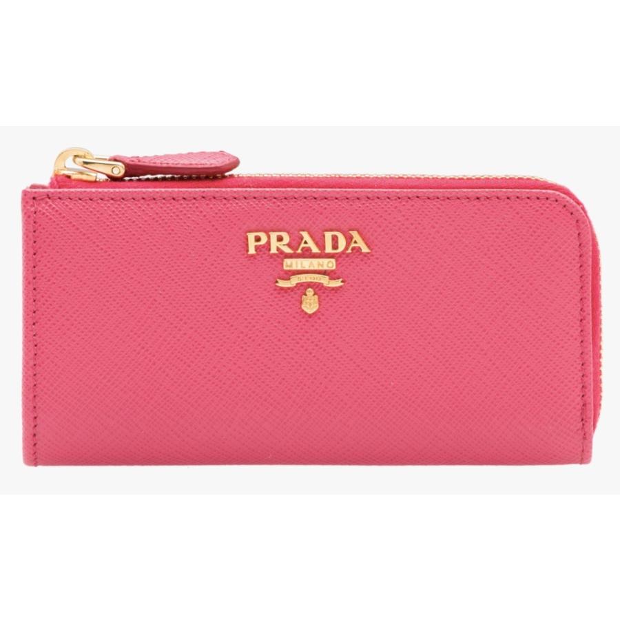 プラダ PRADA キーケース キーホルダー キーリング ポーチ ペオニア ピンク レザー プレート ロゴ