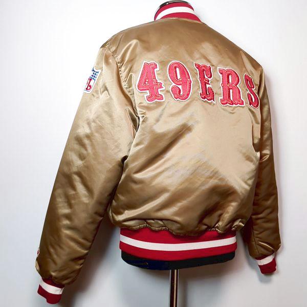 80-90sヴィンテージUSA製サテンスタジャンスカジャン刺繍　短丈ショート丈 STARTER（スターター） USA製 49ERS スタジャン M サンフランシスコ