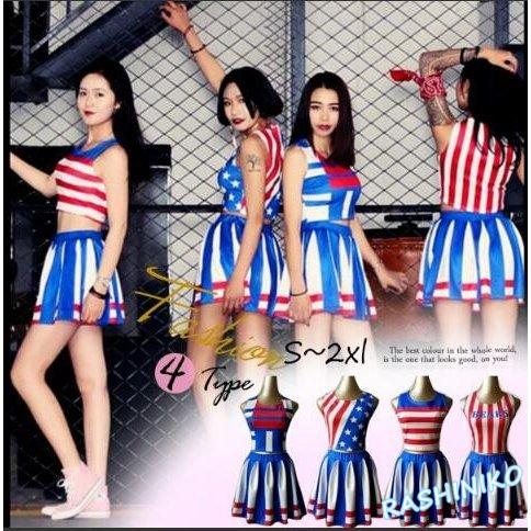 1080円 正規品送料無料 チアガールダンス衣装 体操服 ストライプ国旗柄 ミニスカート ｔシャツ チアリーダー ジャッズ ヒップホップダンスウェア 舞台演出服 ダンスウェア