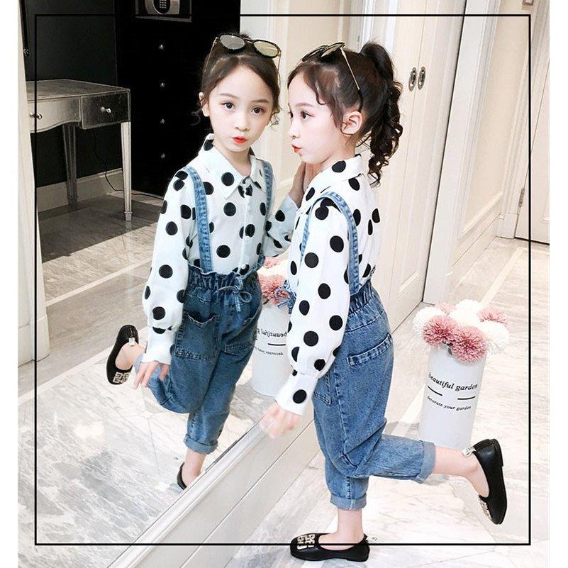 子供服 セットアップ キッズ 女の子 おしゃれ 長袖 春秋 2点セット 韓国子供服 ブラウス シャツ ドット柄 サロペット 長ズボン カジュアル 可愛い 小学生 通学着 お気に入りの