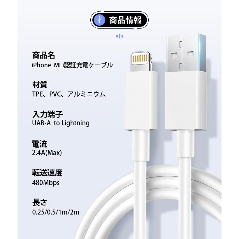充電 ケーブル USB ケーブル iPhone ケーブル 0.25m/0.5m/1m/2m 高品質 AppleMFI認証品 充電器 断線強い 丈夫 iPhone/iPad対応 2.4A 急速充電 |  | 14