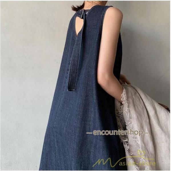 ワンピース ノースリーブ デニムワンピース ロングワンピース マキシ丈 Vネック Aラインワンピース 無地 大人 30代40代50代 ゆったり 広い裾 | ブランド登録なし