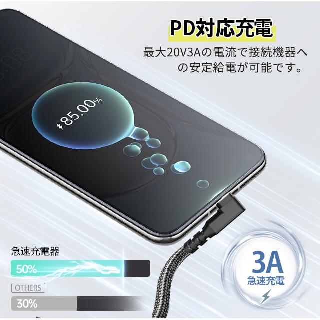 usb ケーブル 充電ケーブル ライトニング 横向き L字型 2A 3A type c  lightning 長さ 1/2m TPU ナイロン編み 断線防止 急速充電 |  | 12
