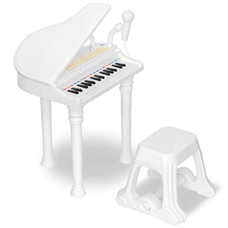 RiZKiZ グランドピアノ ホワイト 知育玩具 3歳 キッズ用ピアノ 子供用 [宅送] おもちゃ マイク 何でも揃う 多機能 再生 楽器 イス付き 録音