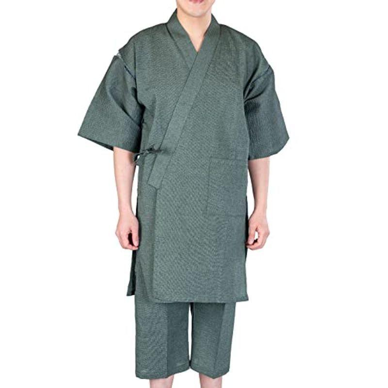 メンズ ロング甚平 着丈ながめ&7分丈ズボン サラッとしていてベタつかないしじら織 日本製 綿100% (LL， 緑)