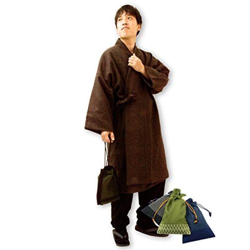 日本製作務衣コートウール (Mサイズ, No.3 茶) 和粋庵特製巾着付き 着物、浴衣