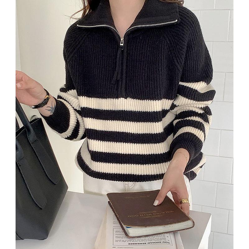 1836円 クーポンで！ ニット セーター レディース 秋 冬 黒 白 おしゃれ ハーフジップ 長袖 ボーダー ゆったり トップス ハイネック [郵3]^t1021^ | uricca | 12