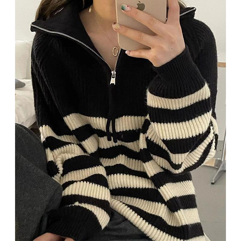 1836円 クーポンで！ ニット セーター レディース 秋 冬 黒 白 おしゃれ ハーフジップ 長袖 ボーダー ゆったり トップス ハイネック [郵3]^t1021^ | uricca | 18