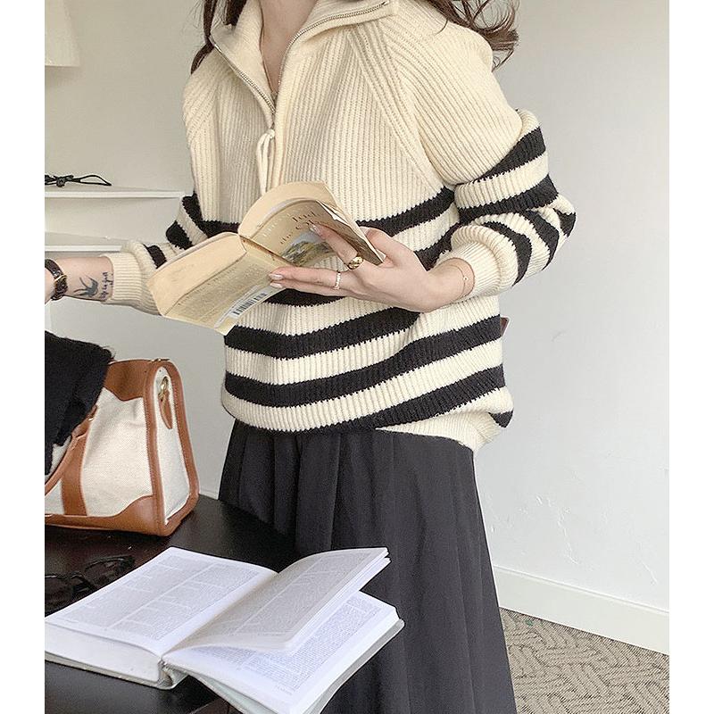 1836円 クーポンで！ ニット セーター レディース 秋 冬 黒 白 おしゃれ ハーフジップ 長袖 ボーダー ゆったり トップス ハイネック [郵3]^t1021^ | uricca | 08