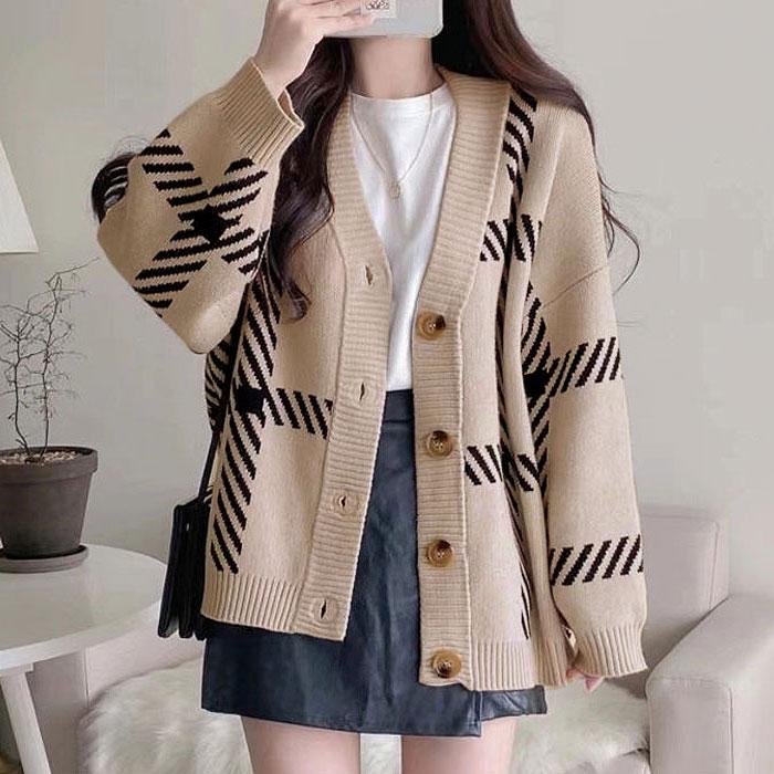 ニット カーディガン セーター トップス チェック柄 レディース ゆったり 2WAY ボタン アウター 冬 [郵3]^t1022^ | uricca | 08