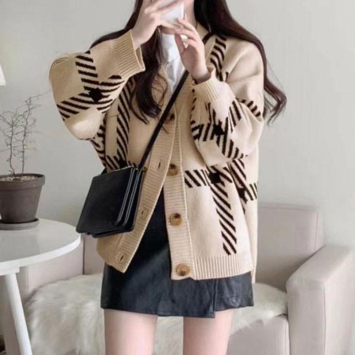 ニット カーディガン セーター トップス チェック柄 レディース ゆったり 2WAY ボタン アウター 冬 [郵3]^t1022^ | uricca | 09