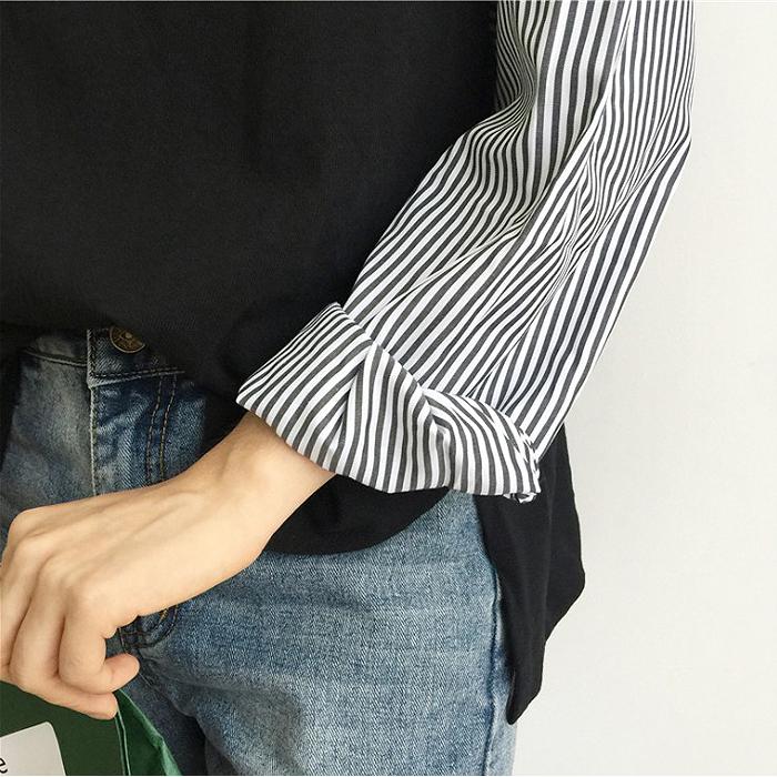 Tシャツ レディース トップス ロンT 長袖 春 秋 冬  黒 白 おしゃれ かわいい 薄手 ストライプ 異素材MIX [郵1.5]^t915^ | uricca | 15