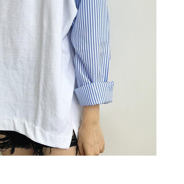 Tシャツ レディース トップス ロンT 長袖 春 秋 冬  黒 白 おしゃれ かわいい 薄手 ストライプ 異素材MIX [郵1.5]^t915^ | uricca | 07