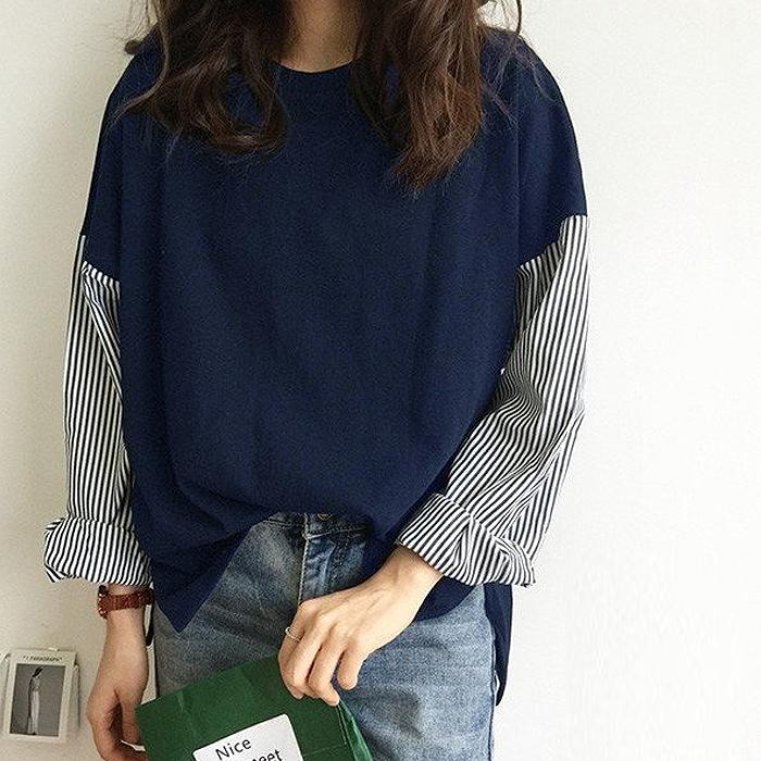 Tシャツ レディース トップス ロンT 長袖 春 秋 冬  黒 白 おしゃれ かわいい 薄手 ストライプ 異素材MIX [郵1.5]^t915^ | uricca | 09