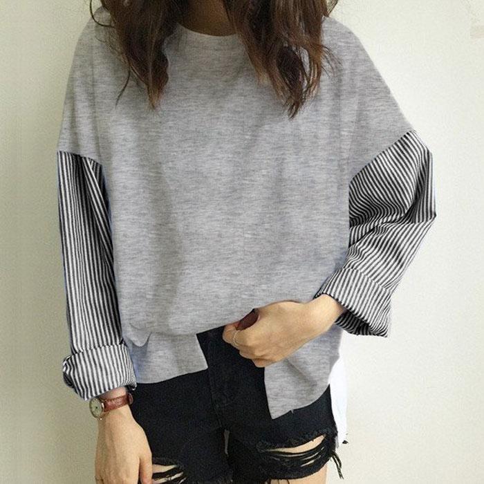 Tシャツ レディース トップス ロンT 長袖 春 秋 冬  黒 白 おしゃれ かわいい 薄手 ストライプ 異素材MIX [郵1.5]^t915^ | uricca | 12