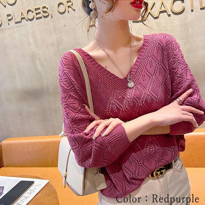 サマーニット トップス レディース 透かし編み カギ編み 5分袖 7分袖