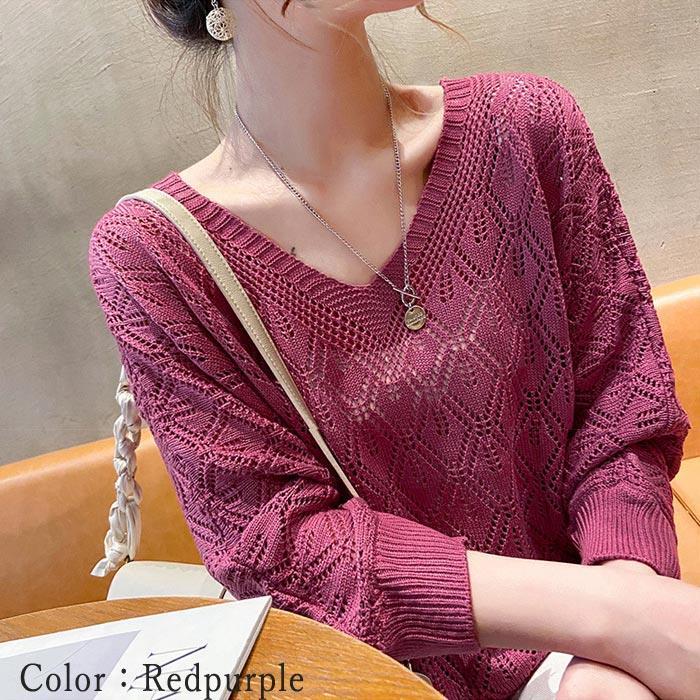 サマーニット トップス レディース 透かし編み カギ編み 5分袖 7分袖