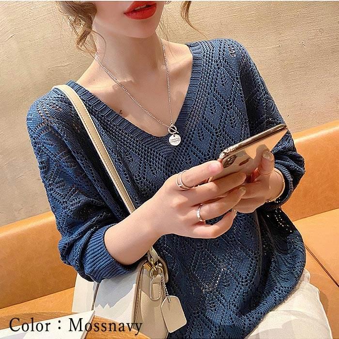 サマーニット トップス レディース 透かし編み カギ編み 5分袖 7分袖