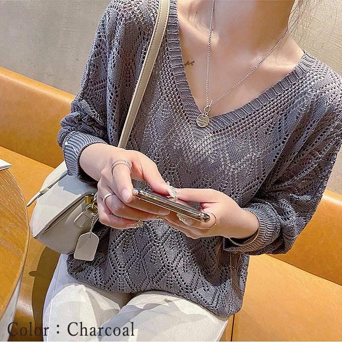 サマーニット トップス レディース 透かし編み カギ編み 5分袖 7分袖