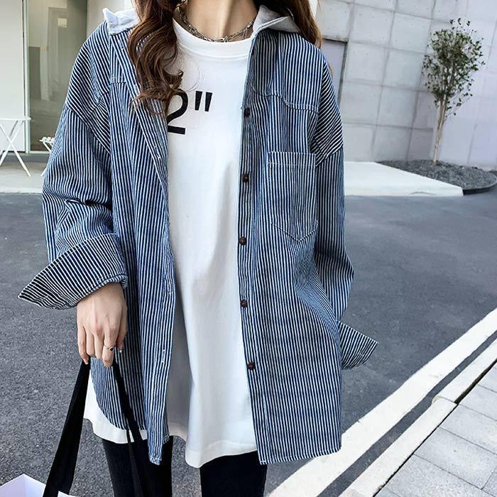 ストライプシャツ フード付き ロングシャツ 長袖 レディース ゆったり ジャケット ドロップショルダー 秋冬 送料無料 郵3 V151 V151 Uricca ウリッカ By Raspberry 通販 Yahoo ショッピング