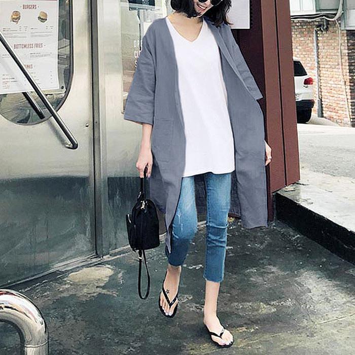 カーディガン 麻混 羽織り ノーカラージャケット アウター ロング丈 レディース [郵2]^v155^ | uricca | 09