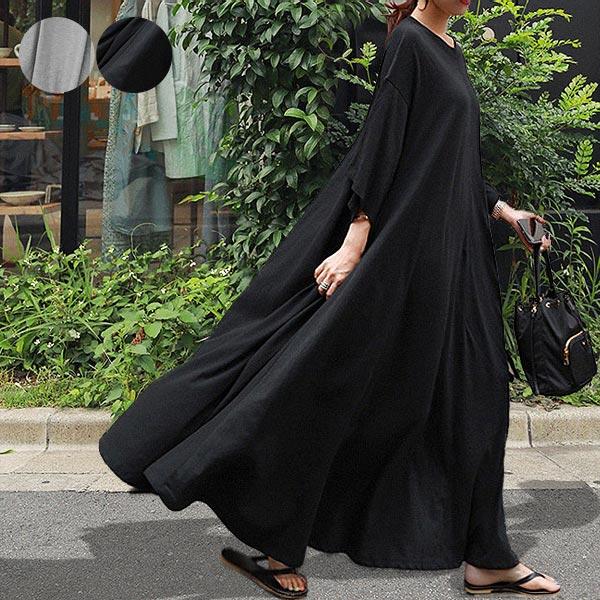 ワンピース レディース 春 夏 半袖 7分袖 夏 黒 おしゃれ きれいめ ロング マキシ丈 無地 5分袖 [郵3]^w519^ | uricca