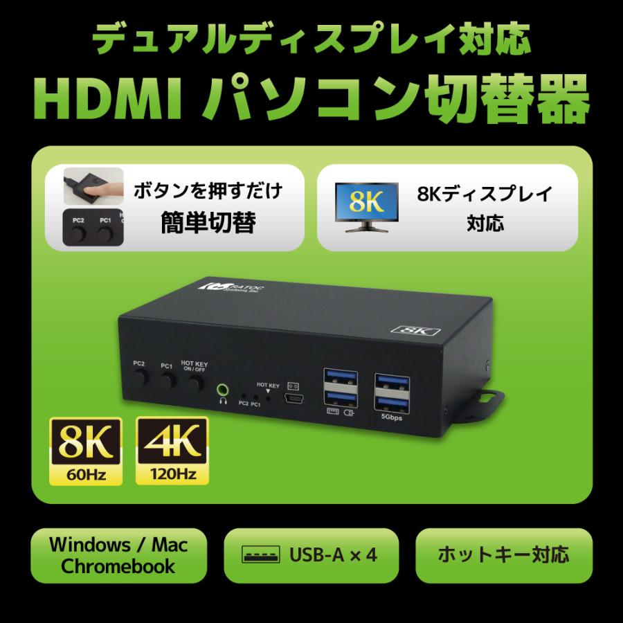 8K 60Hz / 4K 120Hz デュアル ディスプレイ 対応 HDMI パソコン 切替器 RS-260UH2-8K CPU切替器 PC切替器 KVM切替器 キーボード マウス モニター KVM スイッチ |  | 01