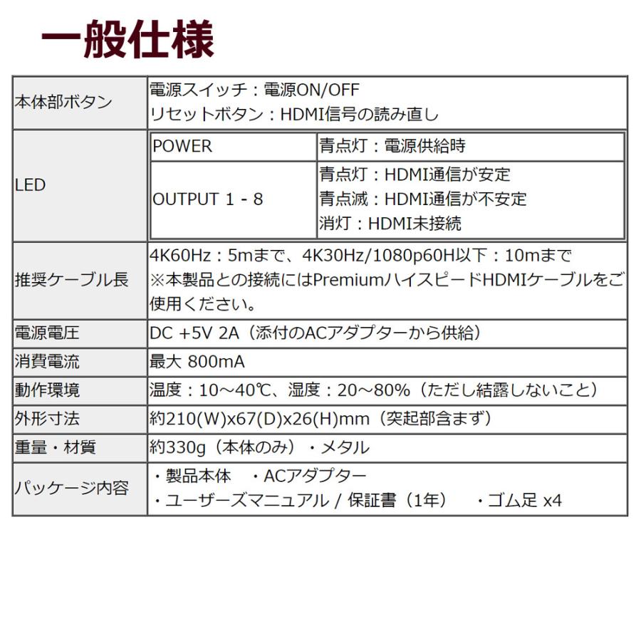 4K60Hz 対応 1入力8出力 HDMI 分配器 RS-HDSP8P-4KA スプリッター 8
