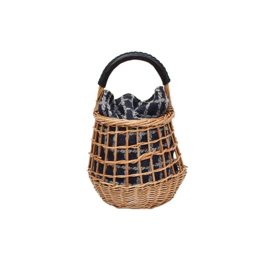 ウィロー ラウンド かごバッグ 冬 フタ チェック ウール布 : ラタン 