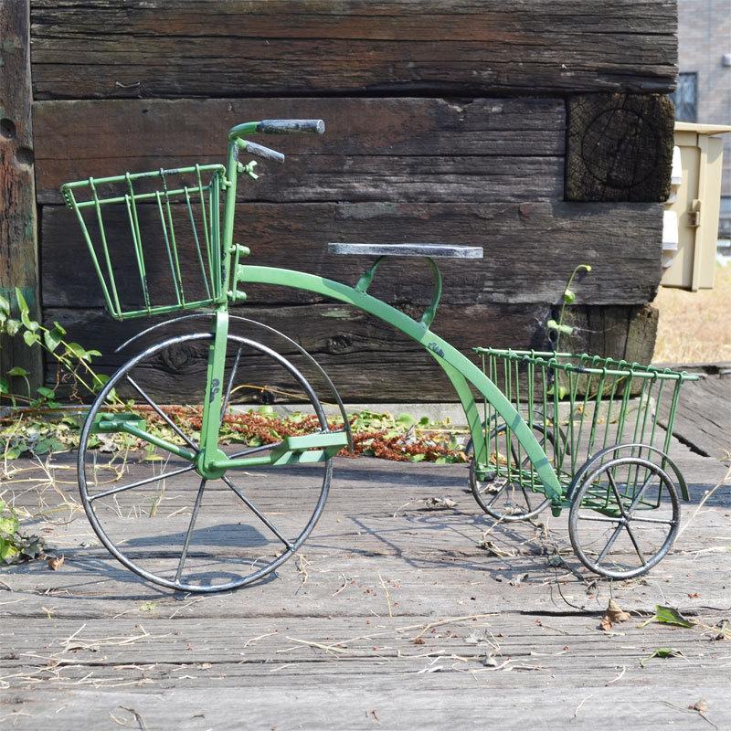 ガーデン トライシクルプランター グリーン 自転車 花台 鉄 : ラタン