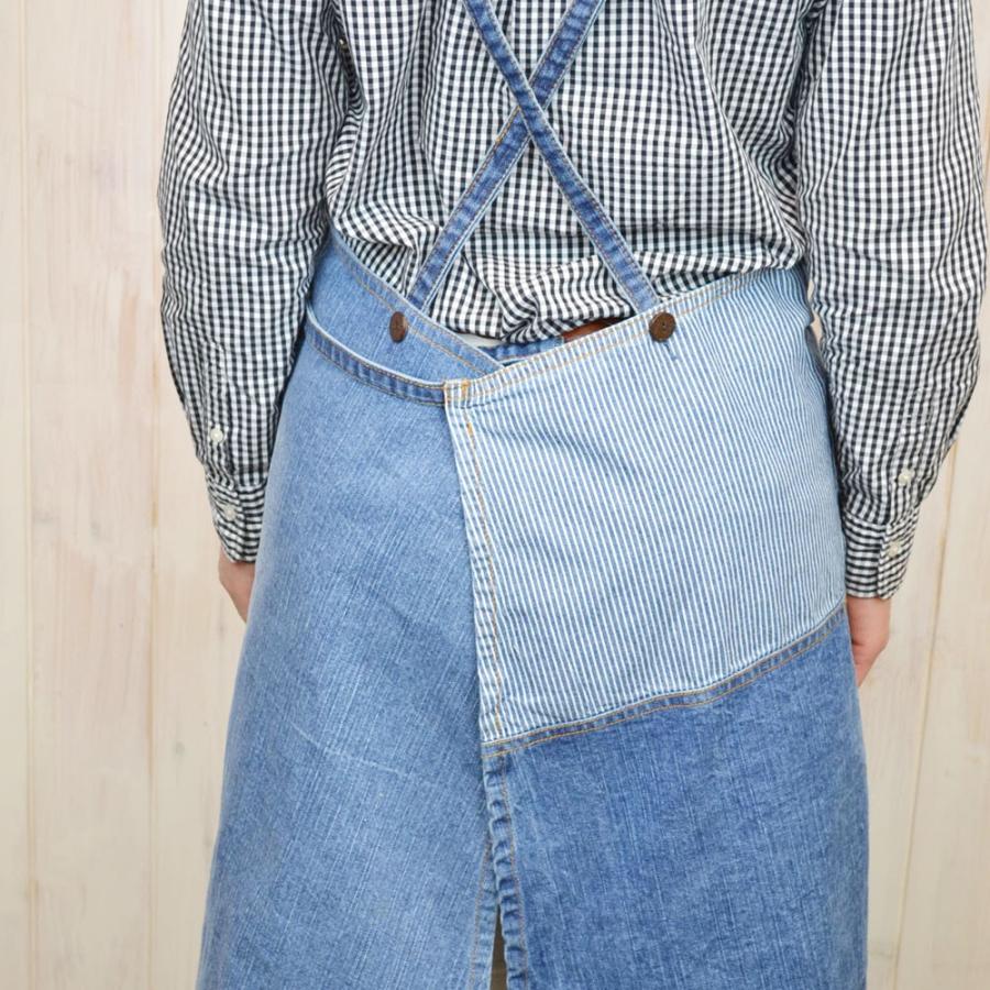絣 パッチワークエプロン ダークブルー系 パッチワーク デニム クロス エプロン おしゃれ カフェ ブルー