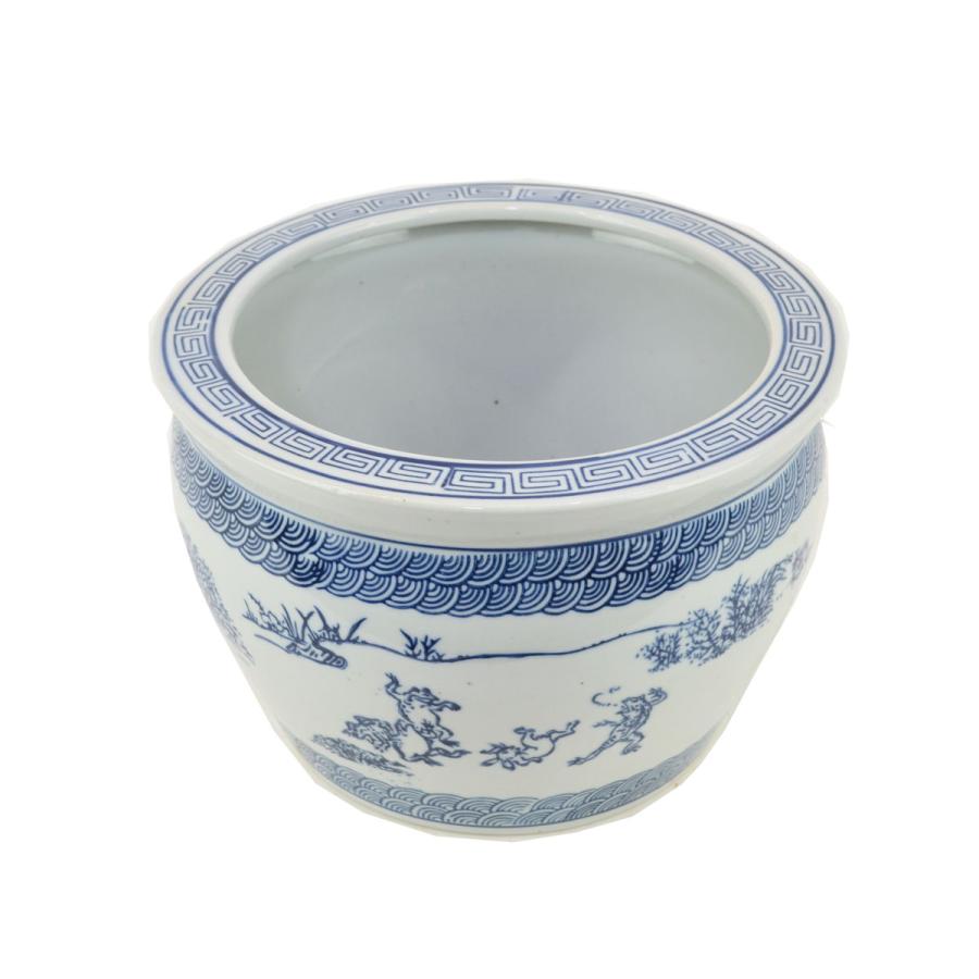 印判 魚缶 鳥獣戯画 陶磁器 水鉢 金魚鉢 メダカ 焼物 青 : ラタン