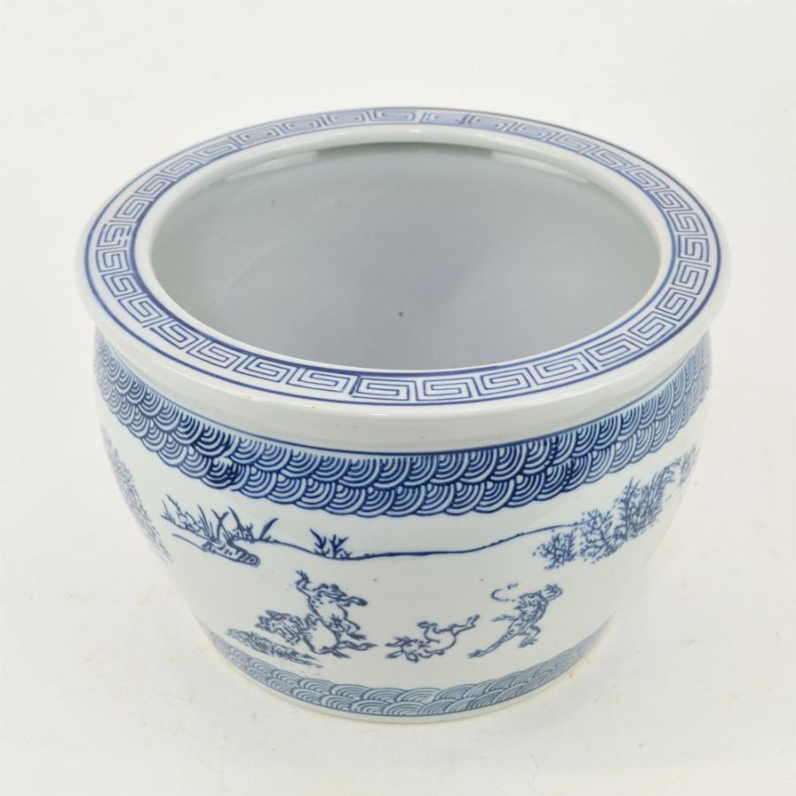 印判 魚缶 鳥獣戯画 陶磁器 水鉢 金魚鉢 メダカ 焼物 青 : ラタン