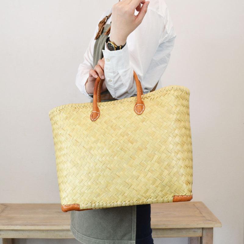 リンダ かごバッグ 革ハンドル 四角 L マダガスカル 水草