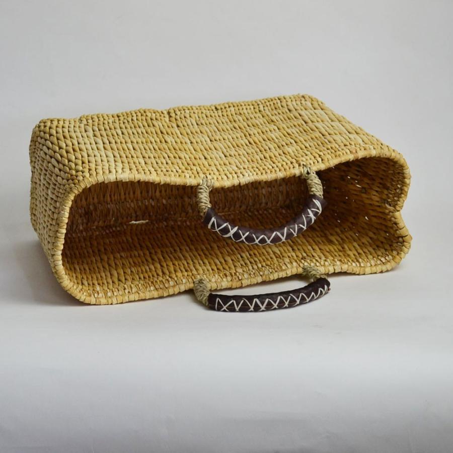 ストロー 四角かご 革クロスステッチ ハンドル かごバッグ L