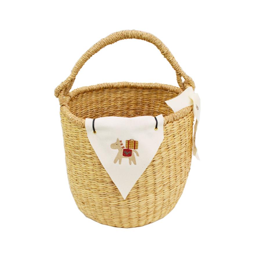 刺繍フラッグバスケット L ホワイトホース×赤 かごバッグ : ラタン