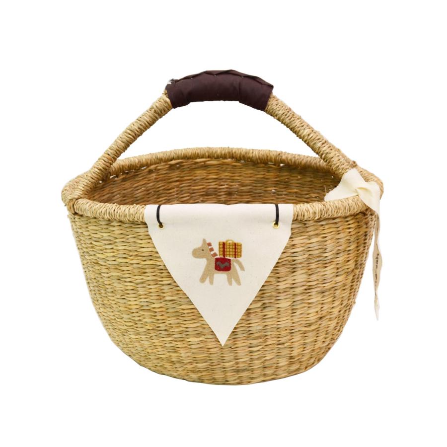 刺繍フラッグバスケット 革手一本手 L 白馬×赤 かごバッグ : ラタン