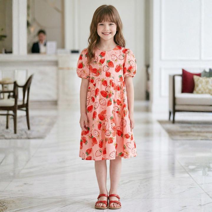 お袖付き　フリフリたっぷりイチゴのワンピース　　見本 子供服 ワンピース キッズ 女の子 こども服 いちごプリントワンピース