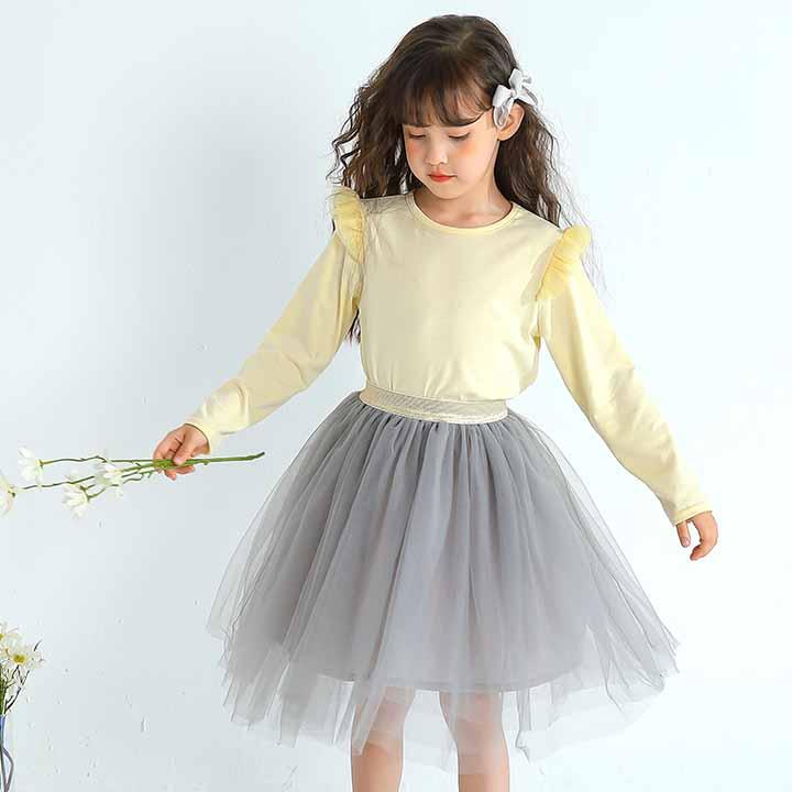 肩フリルトップス 女の子 キッズ 長袖 Tシャツ チュール フリル 