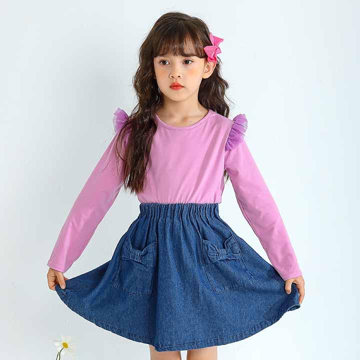 肩フリルトップス 女の子 キッズ 長袖 Tシャツ チュール フリル 