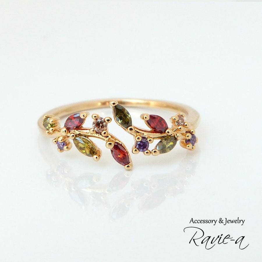 マルチカラー ゴールド 指輪 リング リーフ 葉っぱ カラフル 華奢